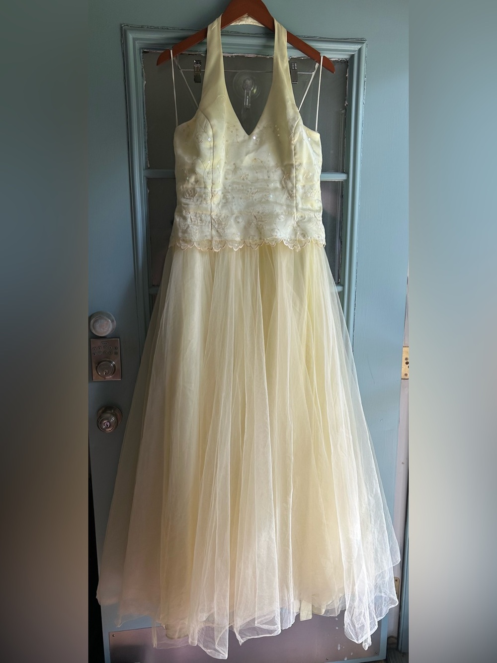 Vintage Y2K 90’s Sequin Tulle Prom Homecoming Gown Long Dress Size 15-16 Yellow